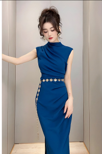 气质御姐风蓝色无袖港风名媛2026新款女包臀修身显瘦长裙连衣裙子