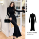 鱼尾显瘦高领长袖 黑色针织打底连衣裙女秋冬2026新款 长款 收腰裙子