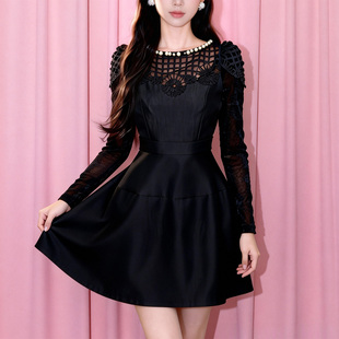 欧洲站黑色赫本风名媛长袖连衣裙时尚精致显瘦高级感气质修身短裙