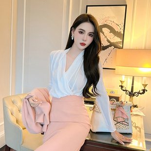 设计感小众衬衫女白色初秋款长袖立领小个子气质洋气休闲港风上衣