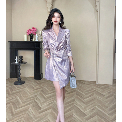 紫色设计感西装领长袖连衣裙秋冬