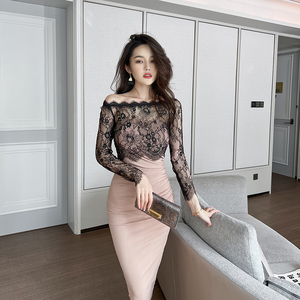 蕾丝连衣裙一字肩复古气质名媛2026秋季新款法式显瘦修身性感裙子