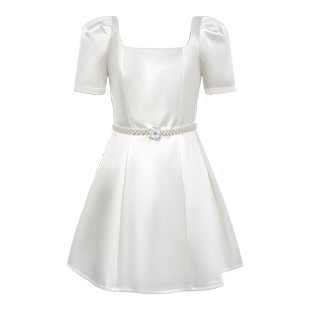 显瘦泡泡袖方领a版连衣裙通勤御姐轻熟风白色法式气质收腰短裙夏