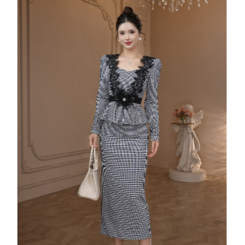 时尚复古千鸟格拼接蕾丝连衣裙