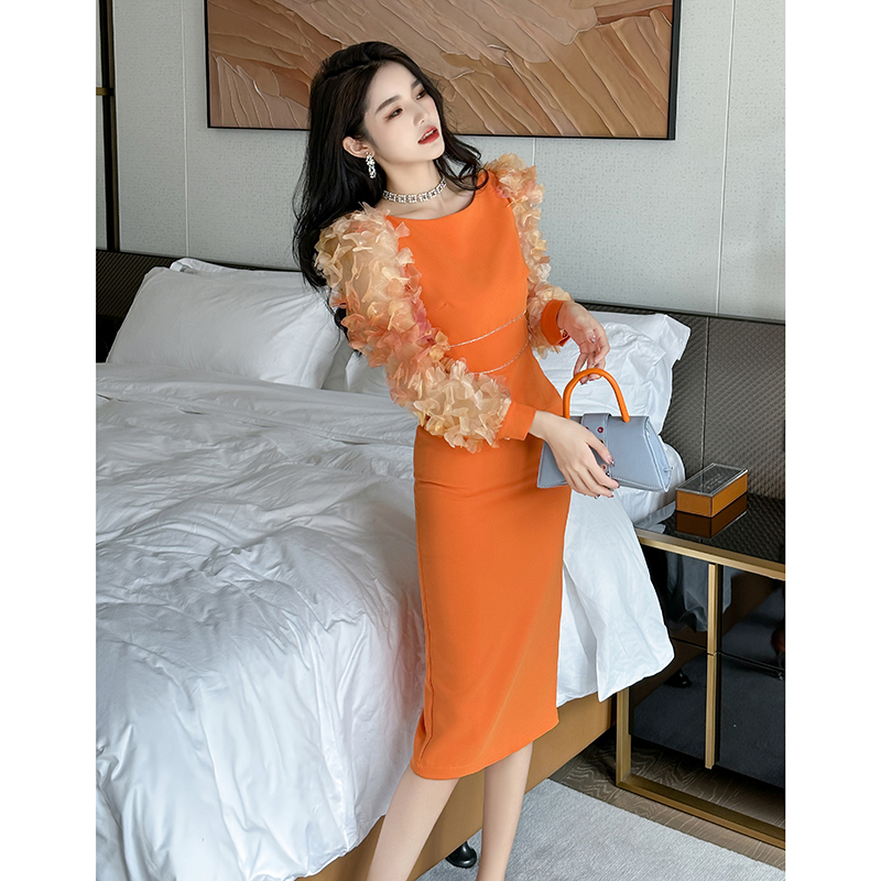 法式宴会礼服裙女气质轻奢小众平时可穿长袖修身泡泡袖修身连衣裙
