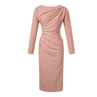 气质名媛职业连衣裙清纯温柔富家千金感秋天长袖包臀性感粉色裙子