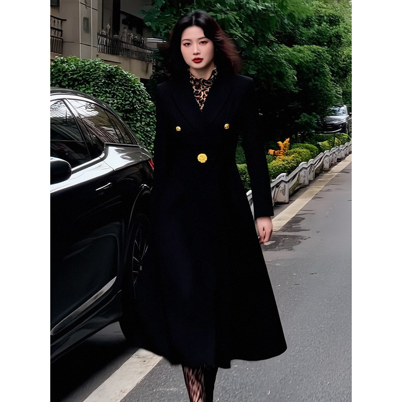 西装领中长款气质单排扣大衣2026秋冬新款高级感黑色厚款外套女装