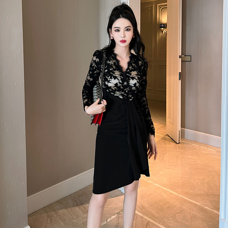 蕾丝拼接连衣裙性感复古气质内搭中长裙显瘦高贵洋气女装假两件