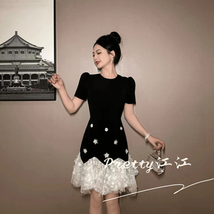 小个子千金设计感气质黑色短款裙子小众高级感撞色拼接小众短裙