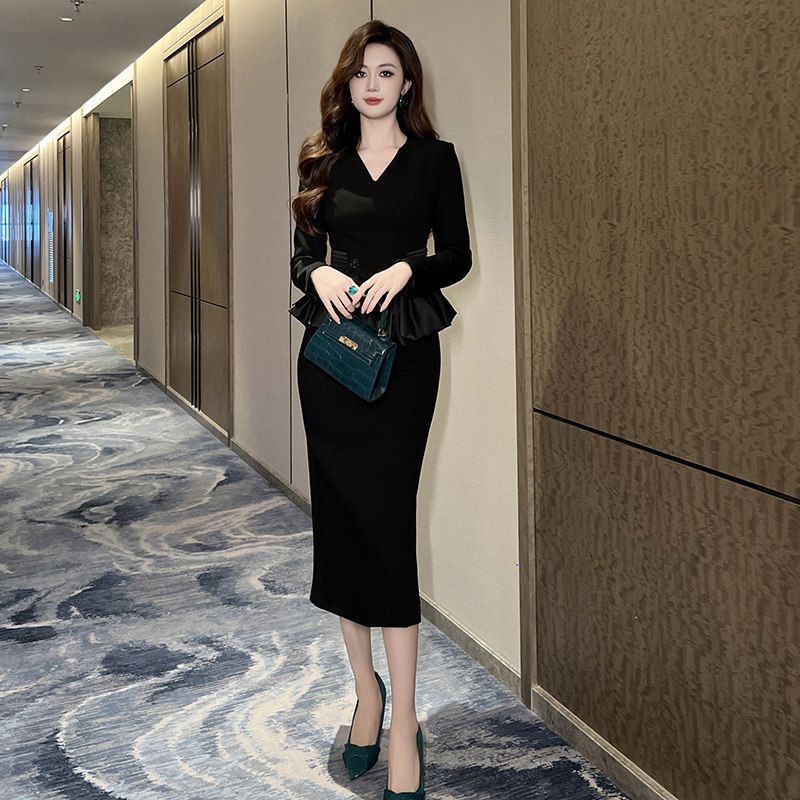 黑色长袖高腰中长款优雅气质晚礼服V领荷叶边气质设计包臀连衣裙