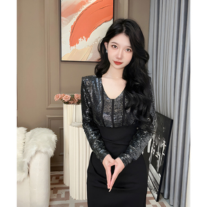 高级感赫本小黑裙气质宴会黑色收腰复古时尚亮片裙子打底连衣裙女