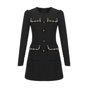 高端御姐风小香V领西装裙短款气质女神范职业女装小黑裙a字连衣裙