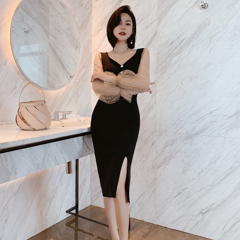 小礼服平时可穿女宴会气质2025新款灯笼袖御姐风开叉针织打底裙子