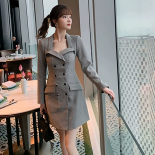 通勤双排扣御姐轻熟风女装 连衣裙气质名媛千鸟格2023春季 西装 新款