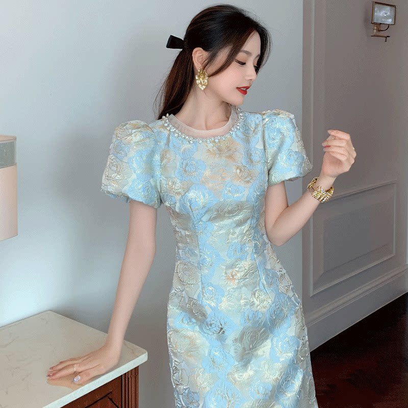 浅蓝色圆领气质法式女装短袖连衣裙时尚收腰洋气高贵印花a字裙