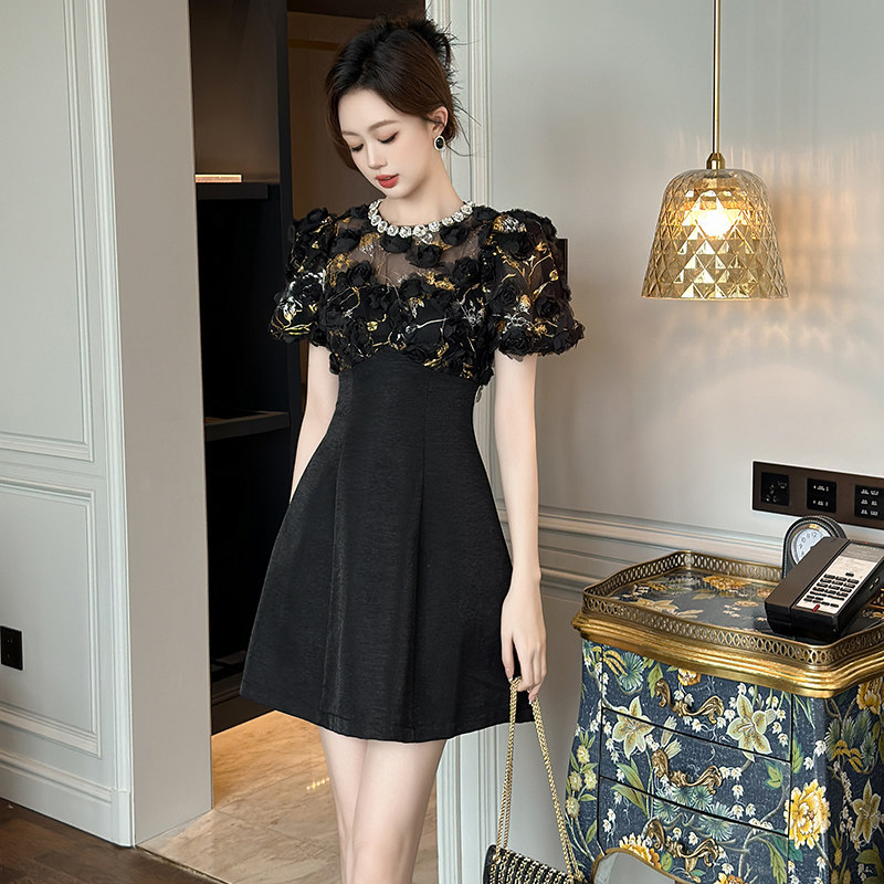 收腰a字圆领灯笼袖短款连衣裙礼服设计师款气质名媛高级感小黑裙