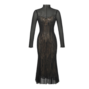 高领长袖鱼骨连衣裙2025新款秋冬亮片网纱气质修身小众包臀长裙子