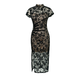 改良旗袍裙新中式年轻款日常蕾丝气质水墨盘扣汉元素国风款连衣裙