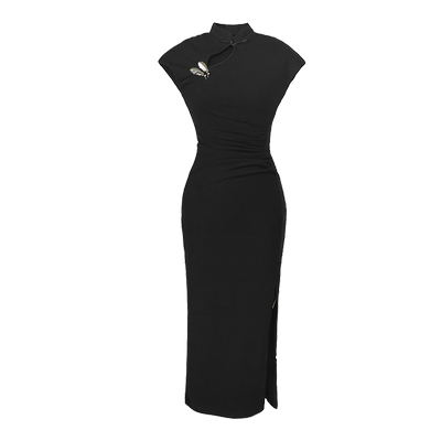 开叉旗袍通勤女装泡泡袖连衣裙