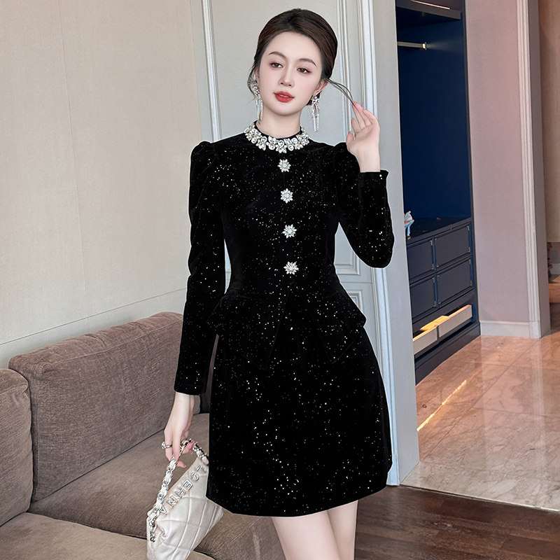 黑色短款高领气质黑色星空连衣裙欧洲收腰小个子上流社会礼服裙子