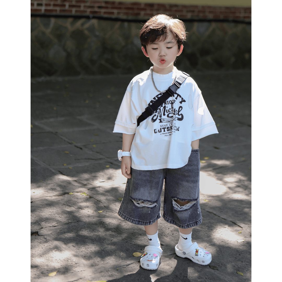 男童夏装套装2025新款韩版儿童夏季短袖宝宝帅气破洞牛仔裤两件套