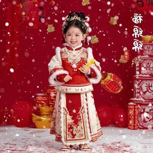 汉服女童冬款 儿童中国风红色喜庆拜年服小女孩保暖加厚马面裙套装
