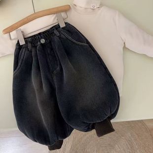 男童加绒牛仔裤秋冬季2025新款宝宝一体绒灯笼裤儿童百搭加厚裤子