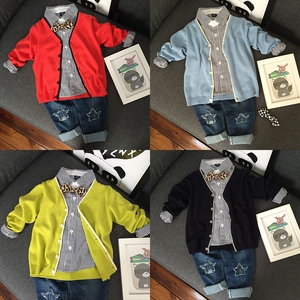 新款韩版春季男童针织开衫纯色针织薄开衫V外套空调衫潮个性款特