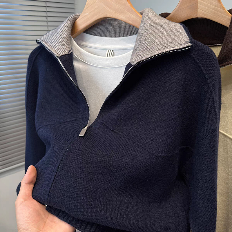 撞色翻领开衫男针织衫韩版宽松秋冬季加厚毛衣外套运动开衫外套