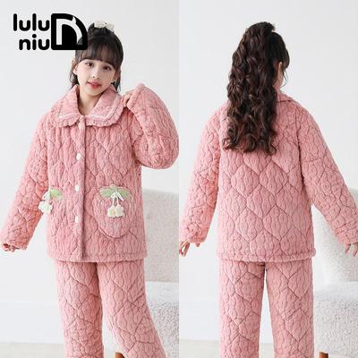 冬季女童睡衣法兰绒三层夹棉加厚