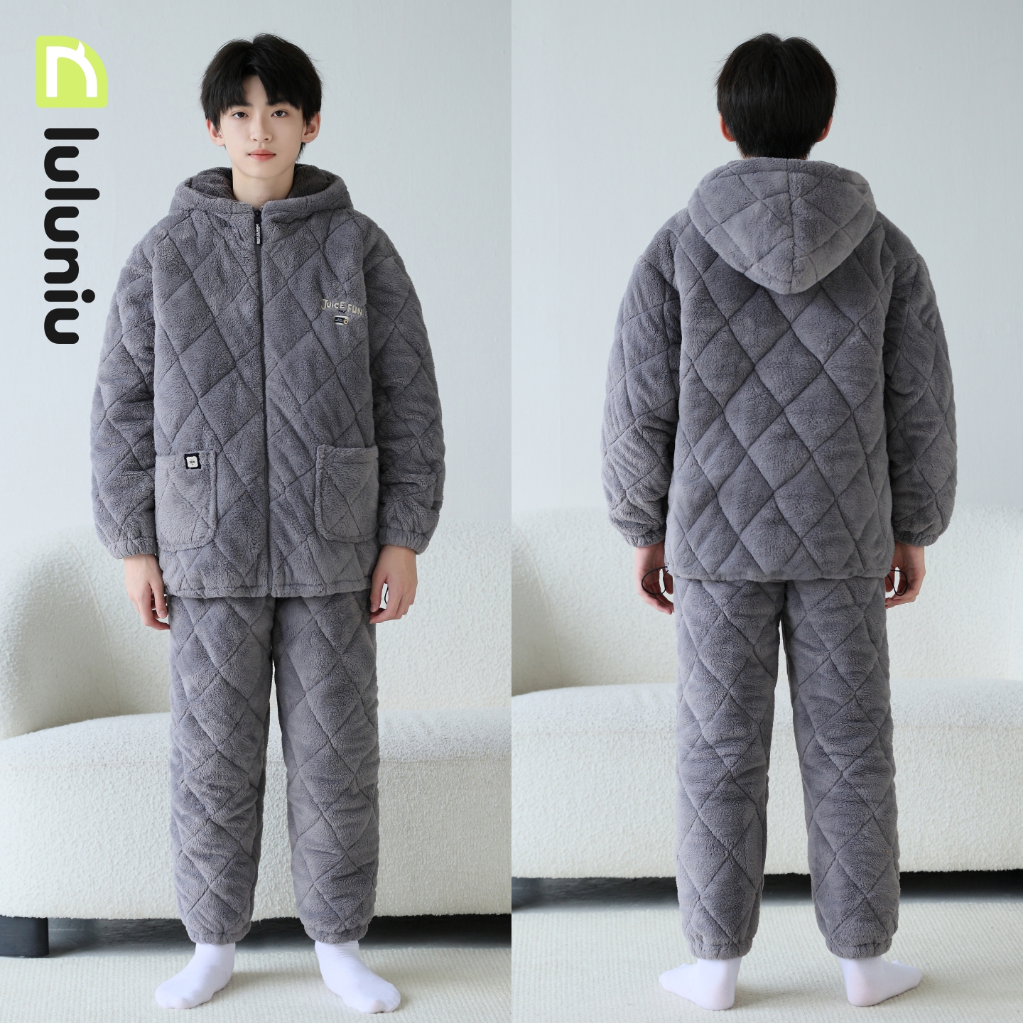 噜噜牛男童睡衣冬季法兰绒厚夹棉