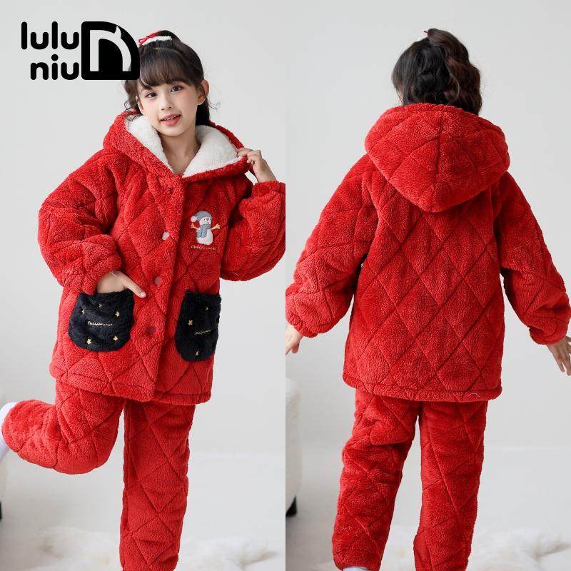 噜噜牛冬季法兰绒夹棉厚女童睡衣