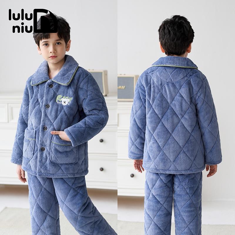 噜噜牛冬法兰绒三层夹棉男童睡衣