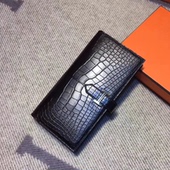全手工定制雾面bearn钱包 两折长款 鳄鱼皮黑色亮面银扣钱夹