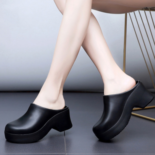秋季 女防水松糕防臭女士外穿轻便不累脚半拖坡跟7CM 包头厚底拖鞋