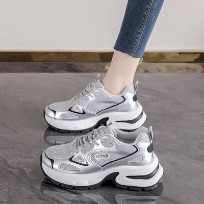 银色老爹鞋女2026新款春季厚底增高显脚小老爹鞋防滑不累脚运动鞋