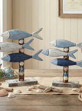 地中海风格木质小鱼摆件创意家居装饰品海洋风桌面摆设复古做旧工