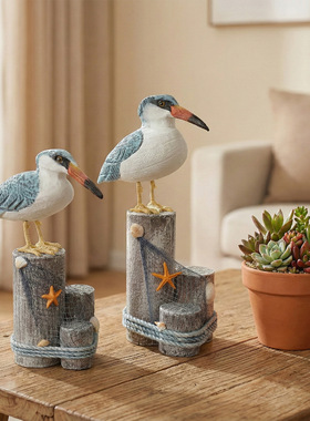 地中海风格创意木质树桩海鸟摆件装饰品客厅桌面海洋主题家居饰品