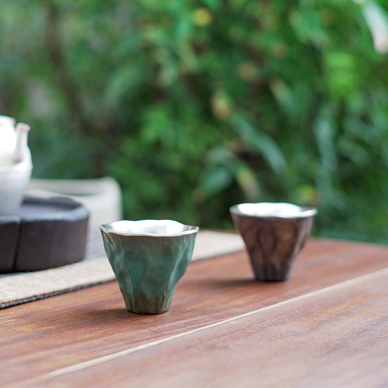粗陶包银主人杯足银999纯手工银茶杯复古中式品茗杯家用茶具 青雾
