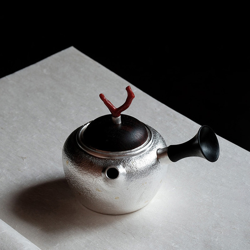 纯银999纯手工一张打泡茶壶红珊瑚飘金侧把壶家用茶具茶器 金珊