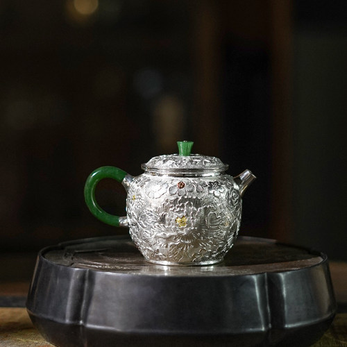 纯银999纯手工一张打银壶玉把壶