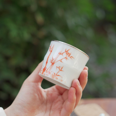 足银999手绘釉下彩竹节杯主人杯