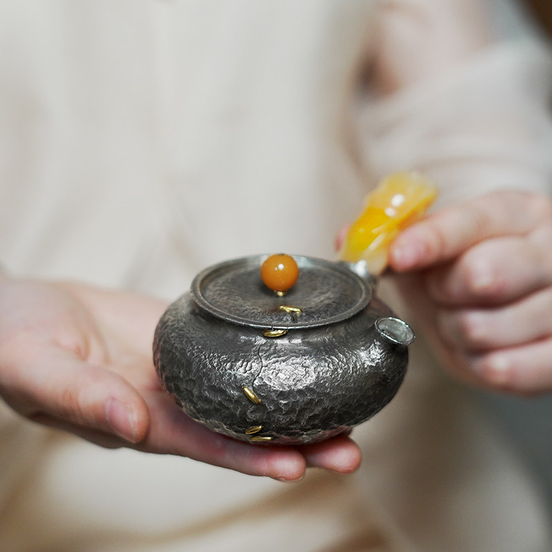 纯银999泡茶壶黄龙玉侧把壶纯手工一张打银壶高端家用茶具 玉君
