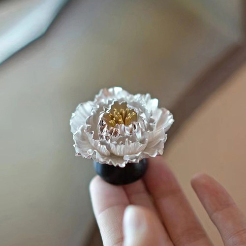 中式牡丹花纯手工纯银999盖置