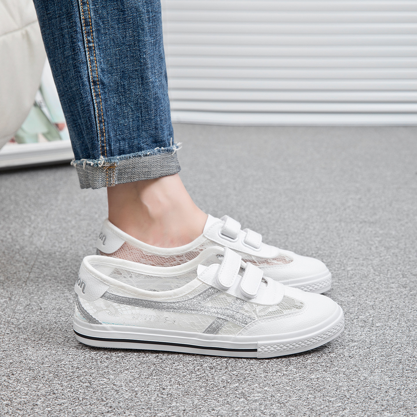 蓓尔魔术贴网面透气鞋子女鞋新款夏季单鞋薄款软底浅口平底小白鞋图片