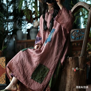 小泥姑娘补丁拼贴宽松禅意长袍连衣裙松弛感穿搭2289