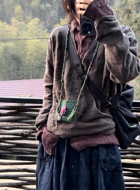 SN21 春款百搭休闲文艺肌理色织慵懒V领亚麻套头小衫