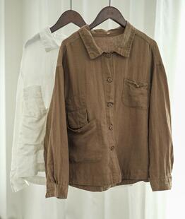 复古文艺翻领中性亚麻衬衫 盘扣口袋百搭上衣女W23045 宽松大码