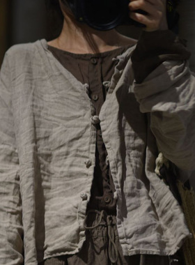 SN77新款亚麻休闲文艺风手工扣开衫外套