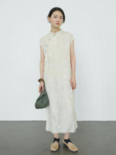 原创新中式 禅意中国斜襟珠扣直筒连身裙L24211 竹叶提花立领旗袍